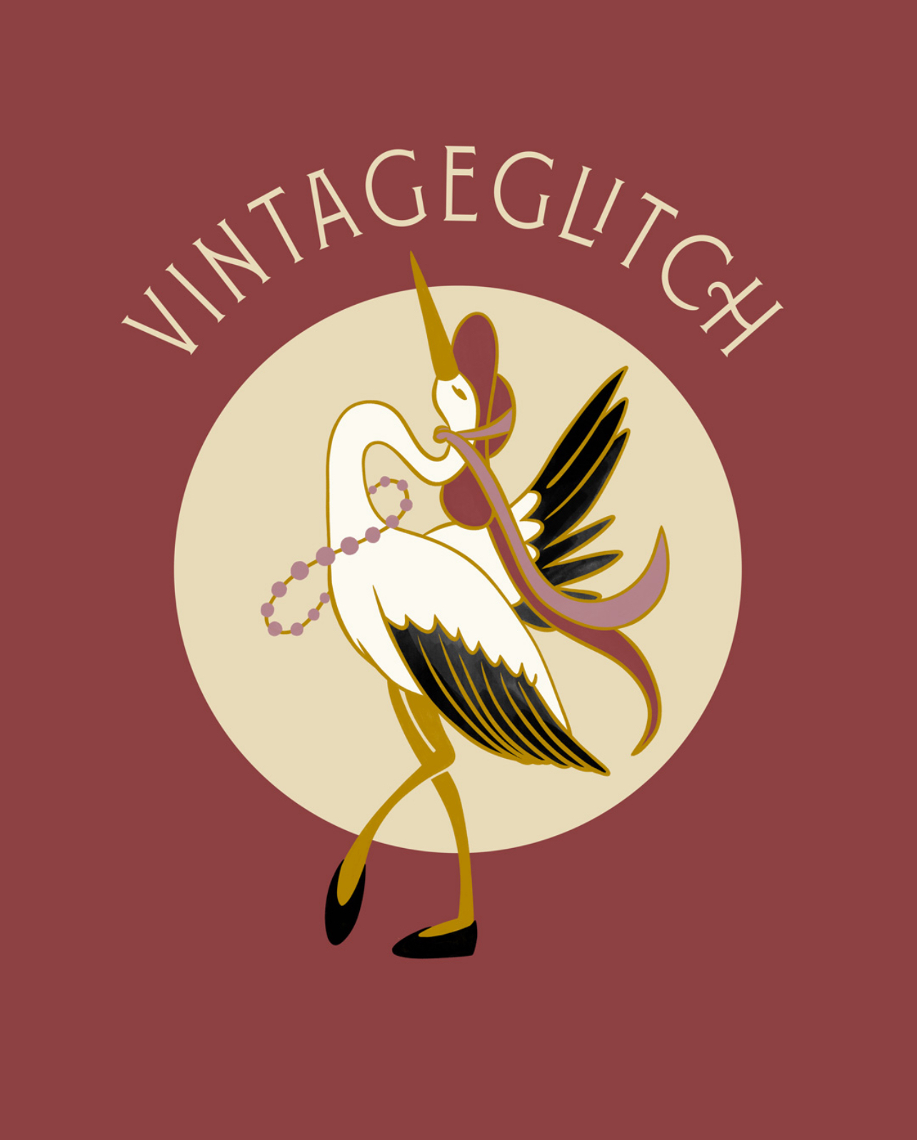 VintageGlitch logo met gestileerde kraanvogel met parelketting